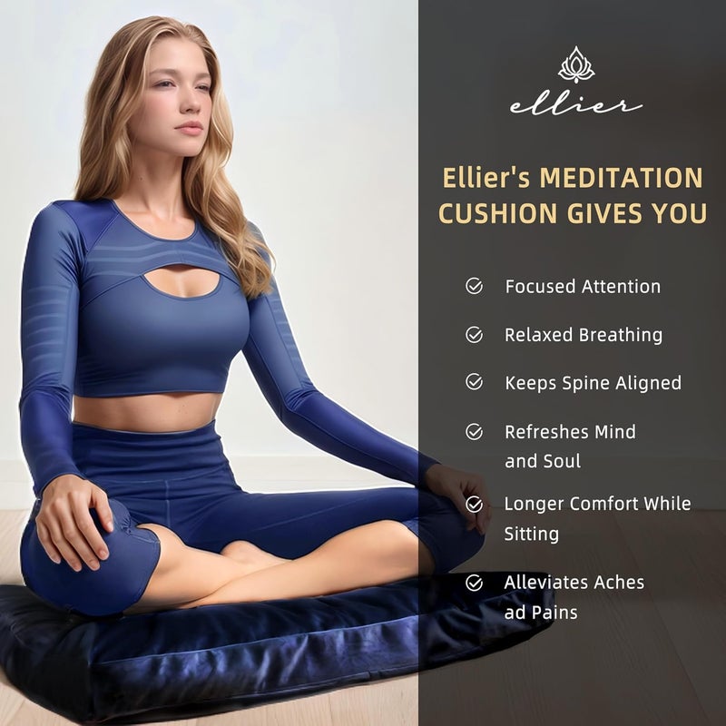 ellier Zafu & Zabuton Meditation Cushion Set - Buckwheat Hull & Memory Foam Pillows, Ergonomic Support for Yoga, Mindfulness - Organic Velvet Cover, Large Size, Durable Comfort (Dark Blue) - Image 4